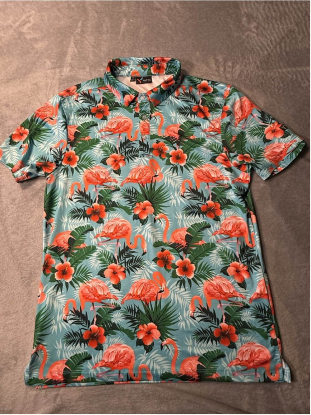 YATTA GOLF Men Polo Shirt Blue Floral Hibiscus Hawaiian Pau Hana Flamingos Small